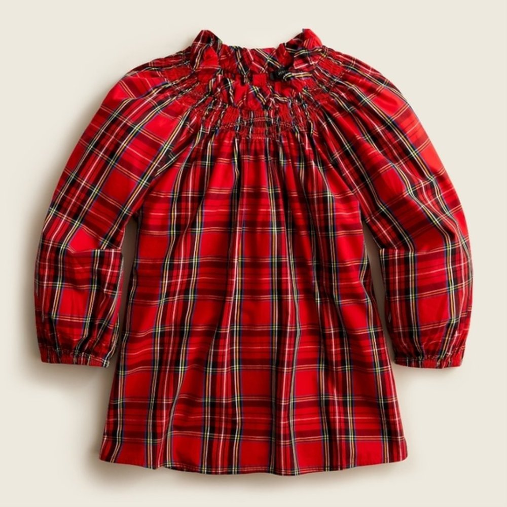 NWT J.Crew Red Tartan Plaid Smocked Neck Top Blouse XXS